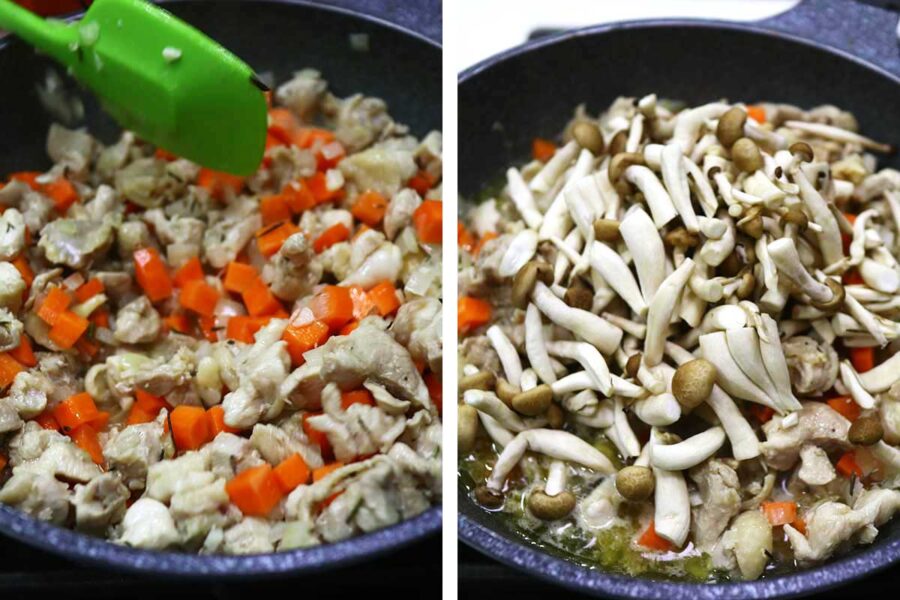 Tossing carrot and mushrooms into sauteed chicken in pan