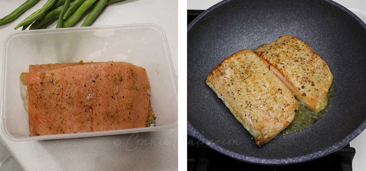 Searing seasoned salmon fillets