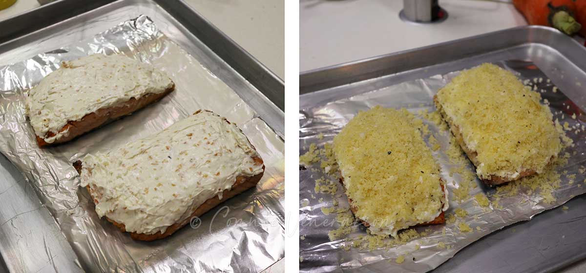 Spreading cream cheese and buttered panko on seared salmon fillets