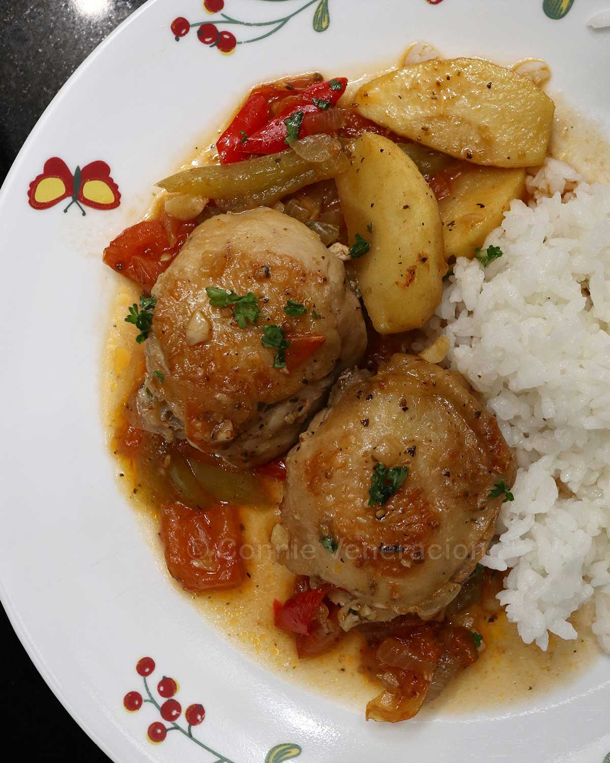 Chicken and apple stew with rice
