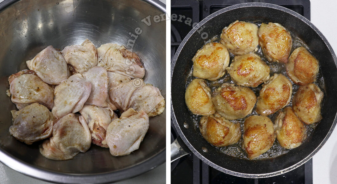 Browning seasoned chicken thighs in pan