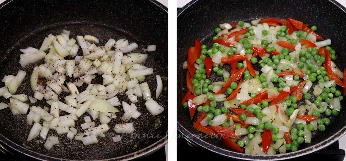 Sauteeing onion, bell pepper and peas
