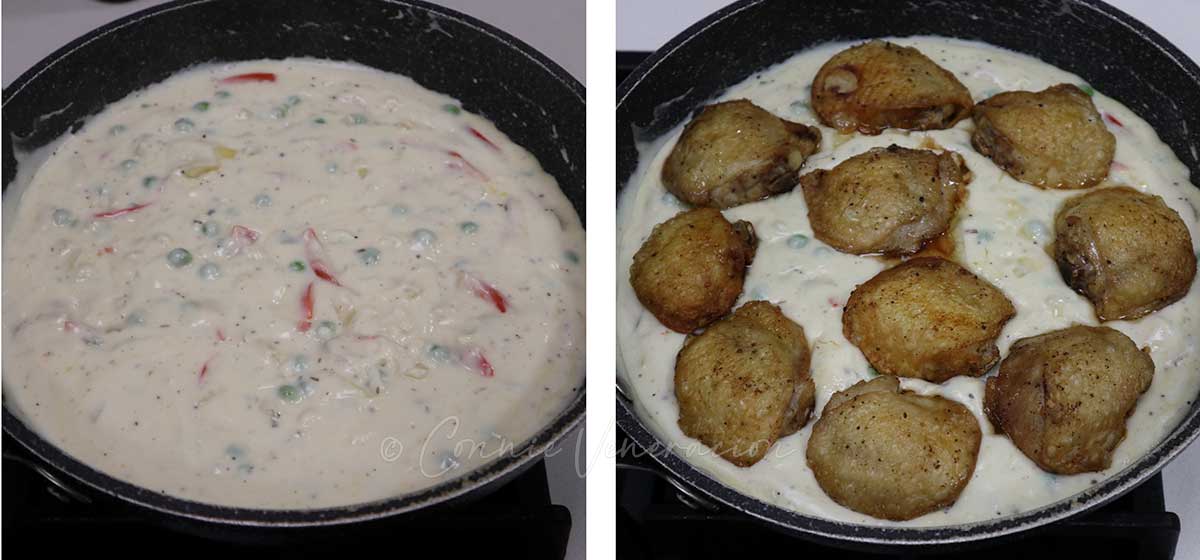 Adding browned chicken to Bechamel sauce in pan