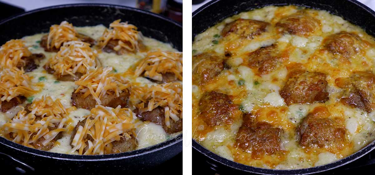 Sprinkling shredded cheese over chicken in Bechamel sauce before broiling