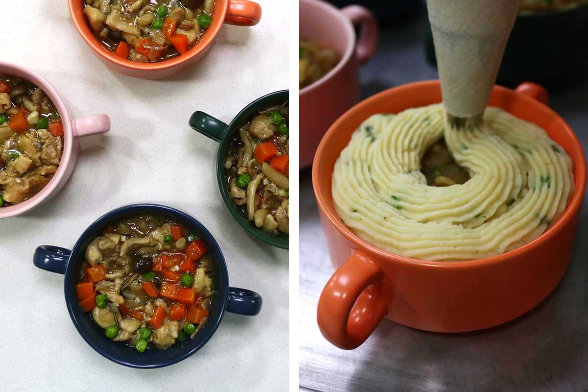 Piping mashed potato over chicken in ramekin