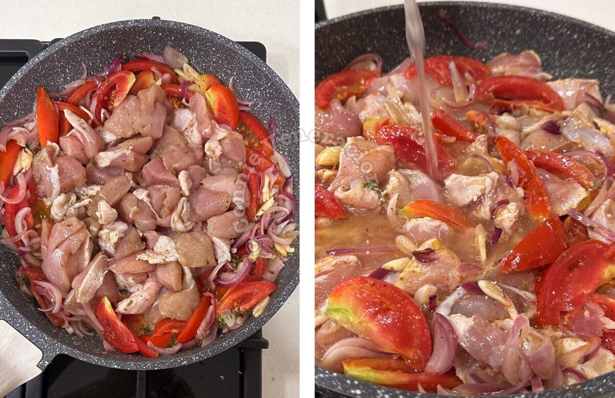 Adding chicken and broth to sauteed vegetables in pan