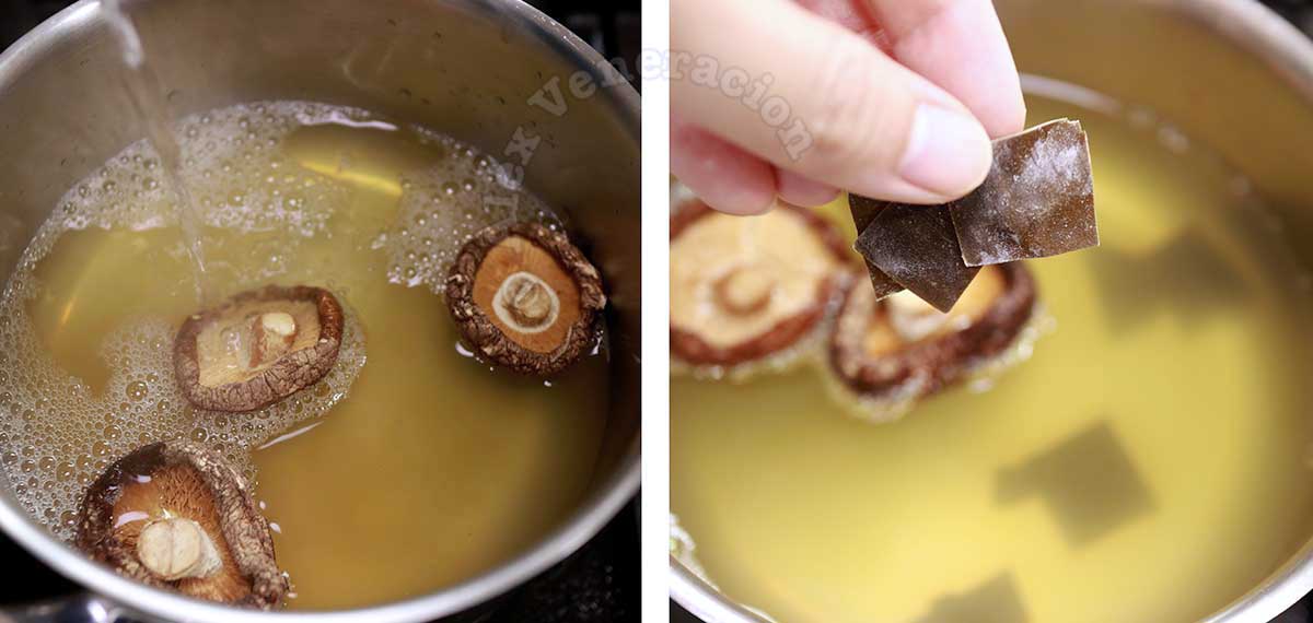 Soaking dried shiitake in hot water with kombu