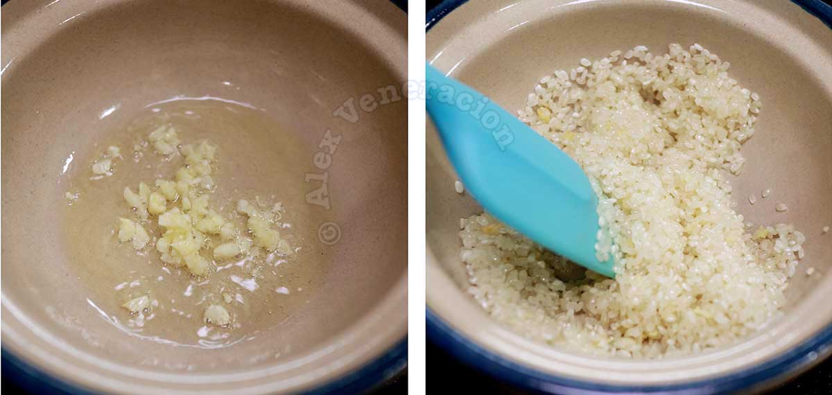 Stirring rice in oil