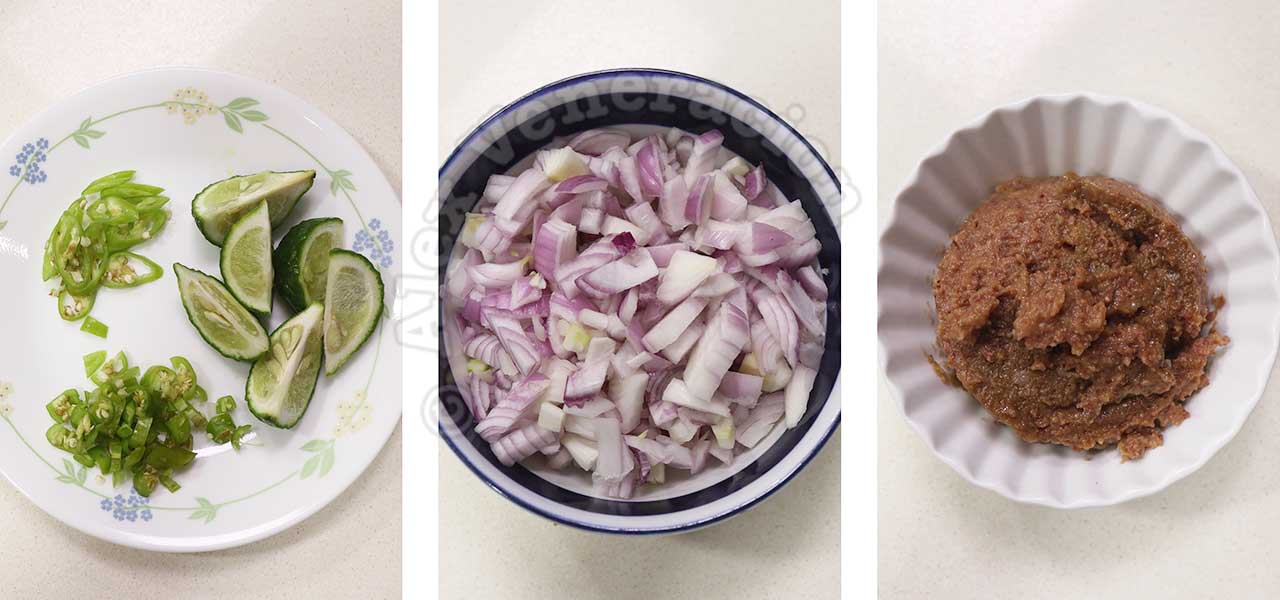 Chilies, lime wedges, chopped shallots and liver pate