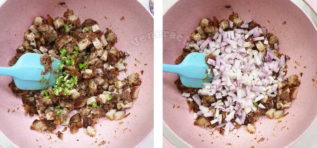 Tossing crispy pork belly with shallots and chilies