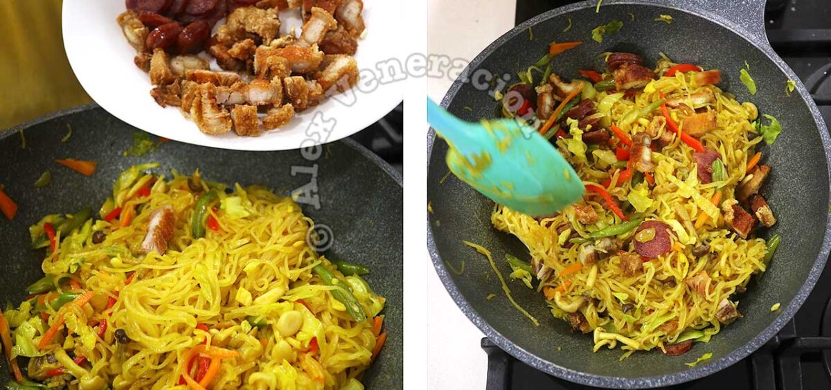 Adding chopped crispy pork belly to stir fried Singapore noodles (curry bee hoon)