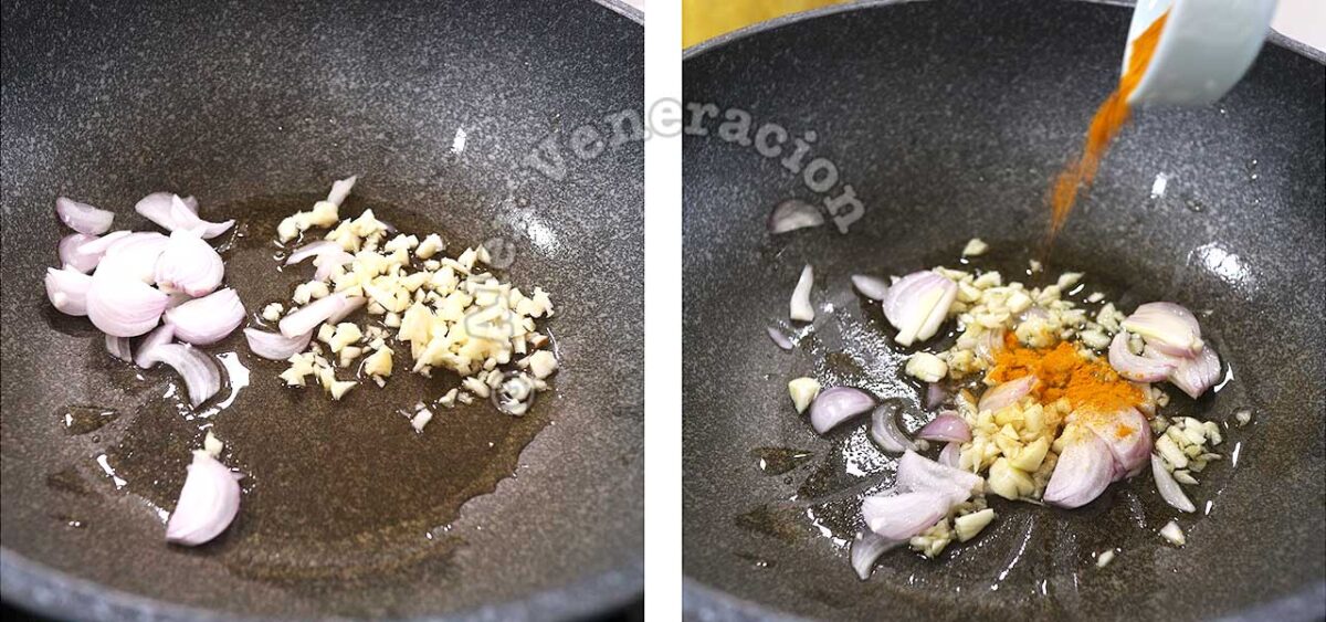 Sauteeing shallot, garlic and curry powder in wok