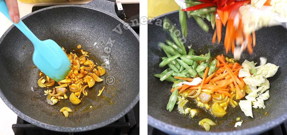Adding vegetables to sauteed garlic, shallot and curry powder in wok
