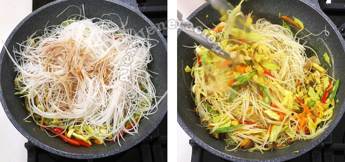 Tossing bee hon and vegetables in wok