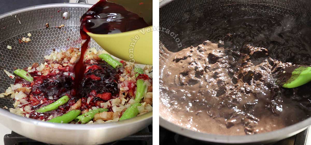 Pouring fresh pork blood into the sauteed spices on the pan.