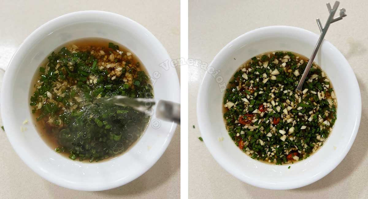 Pouring boiling water over spices and seasonings
