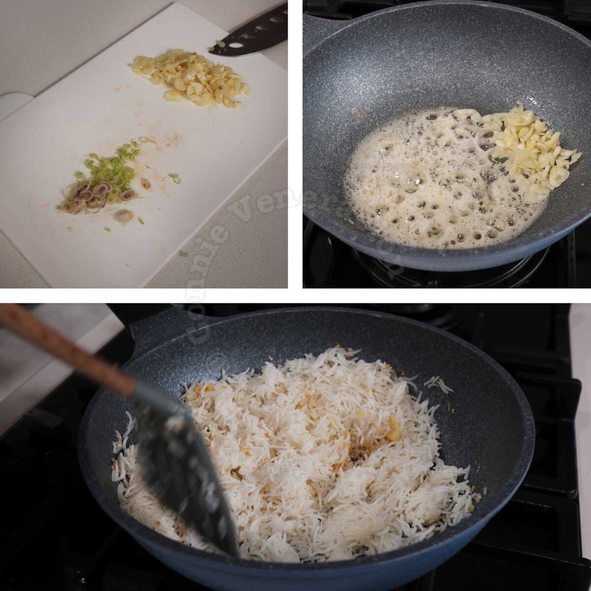 Cooking fried rice with garlic and lemongrass