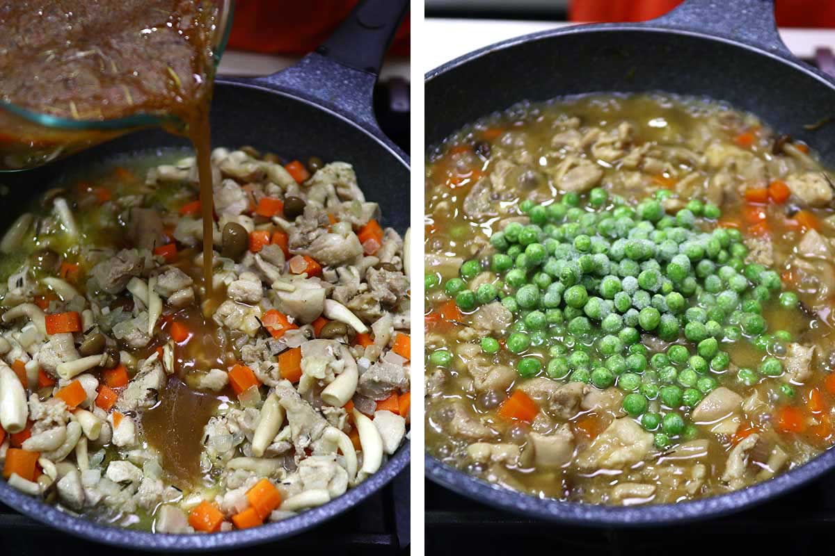 Pouring in gravy and adding peas to chicken in pan