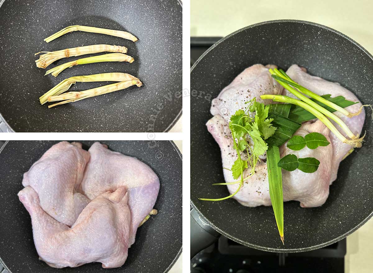 Adding lemongrass, pandan, scallions, cilantro and kaffir lime leaves to chicken in pan