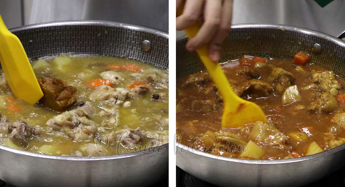 Stirring curry roux into chicken and vegetables in broth
