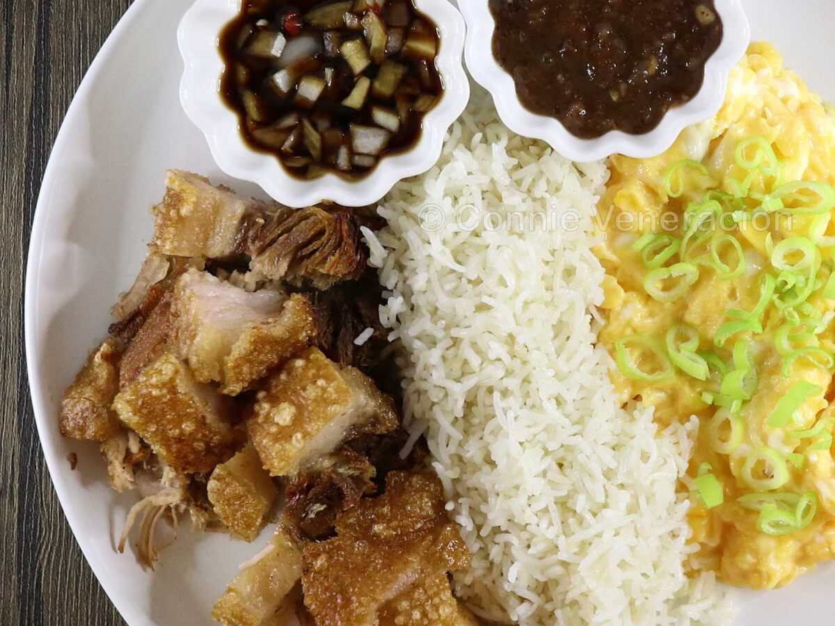 Lechonsilog (crispy pork belly, rice and egg)