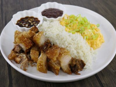 Lechonsilog (crispy pork belly, rice and egg)