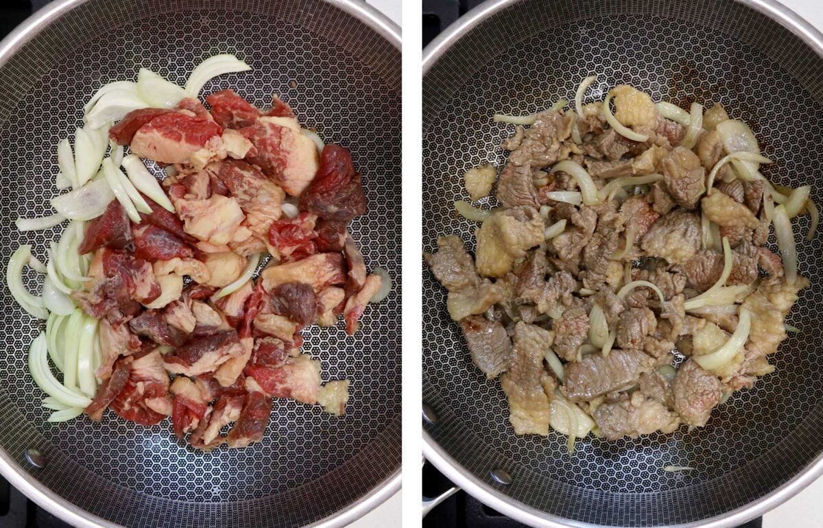 Sauteeing onion and beef in sesame oil