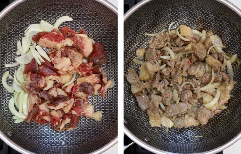 Sauteeing onion and beef in sesame oil