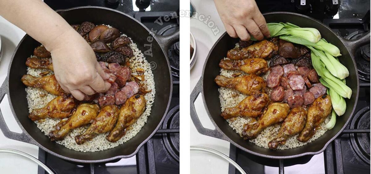 Adding mushrooms and Chinese sausage to chicken over rice in pan