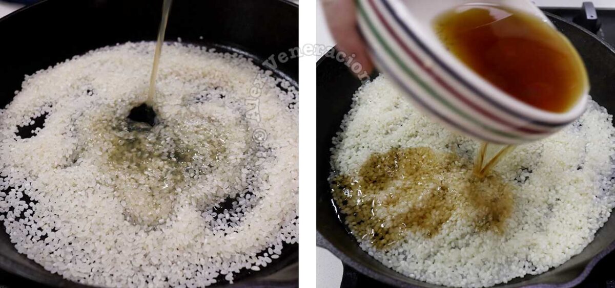 Pouring broth over rice in cast iron pan