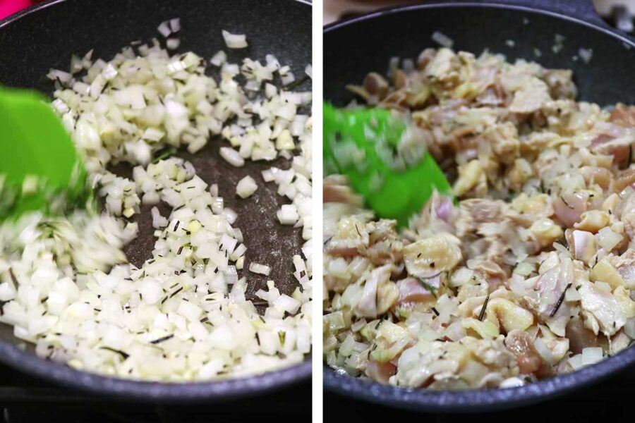 Sauteeing onion, rosemary and chicken fillet