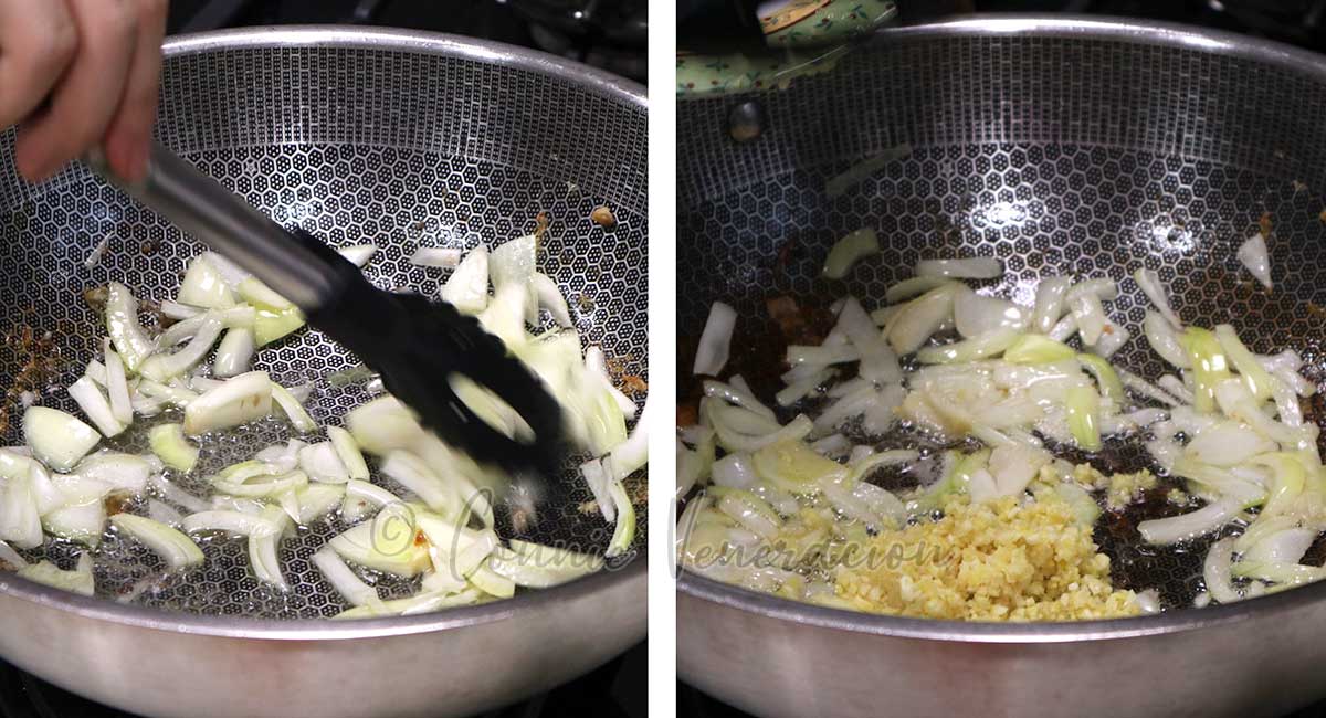 Sauteeing sliced onion and minced ginger
