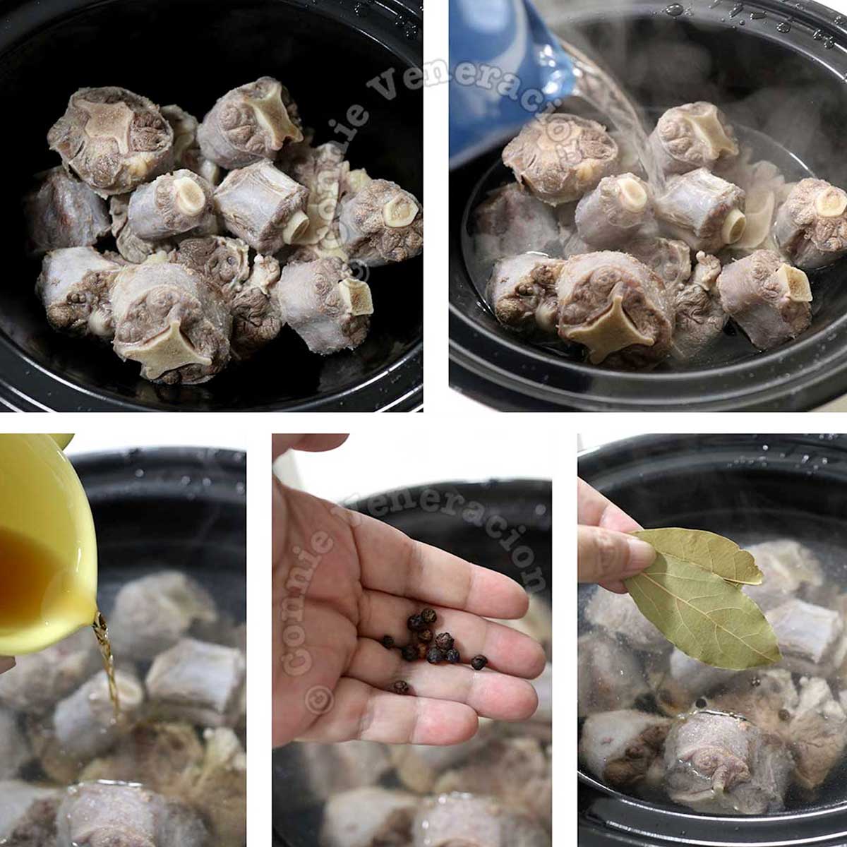 Cooking oxtail in slow cooker with herbs and spices