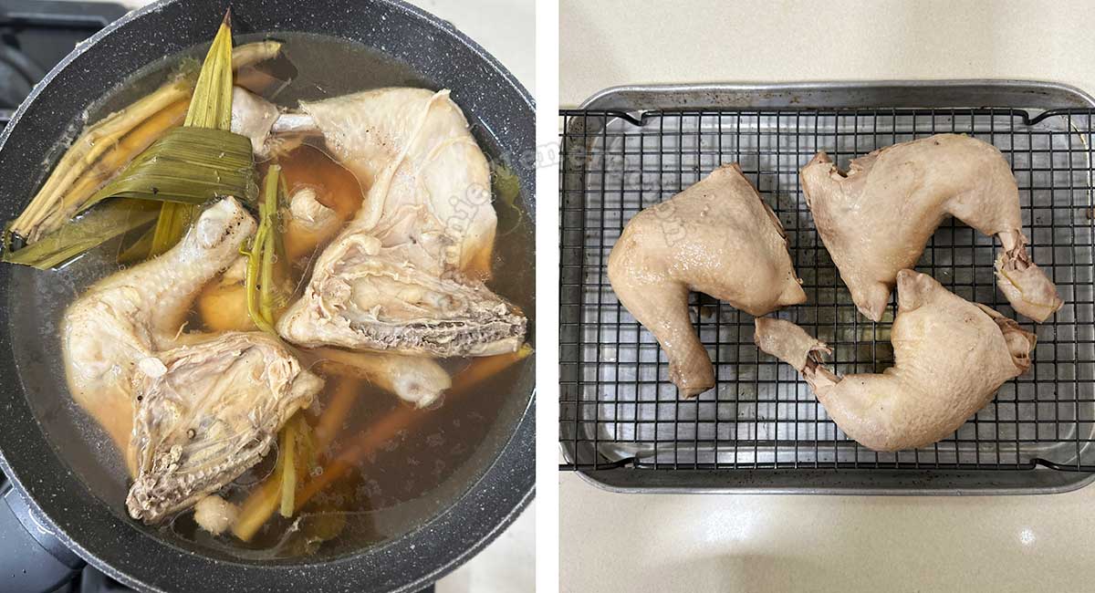 Resting poached chicken on rack