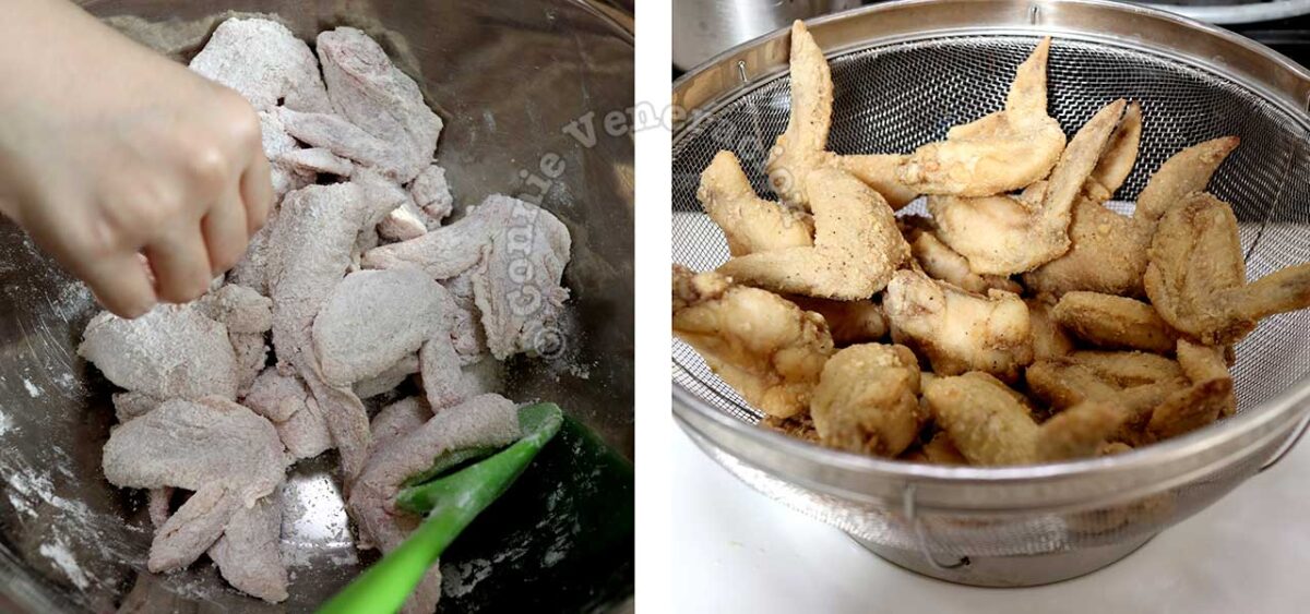 Flouring seasoned chicken before lightly frying in olive oil