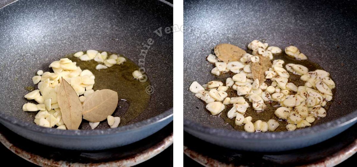 Sauteeing garlic, thyme and bay leaves in olive oil