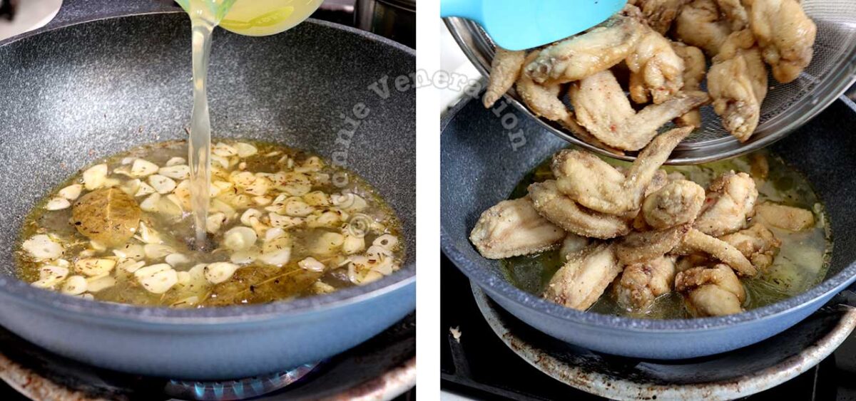 Adding broth to pan and dropping in lightly fried chicken
