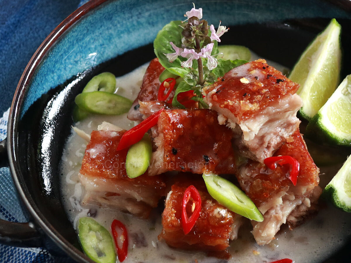 Crispy pork belly in coconut cream sauce