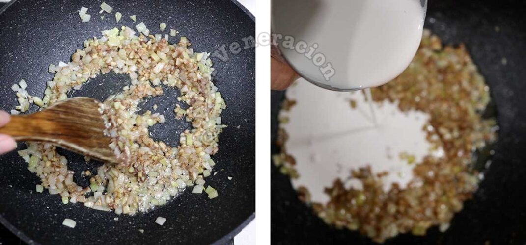 Pouring coconut cream over sauteed shallots, garlic, ginger and shrimp paste