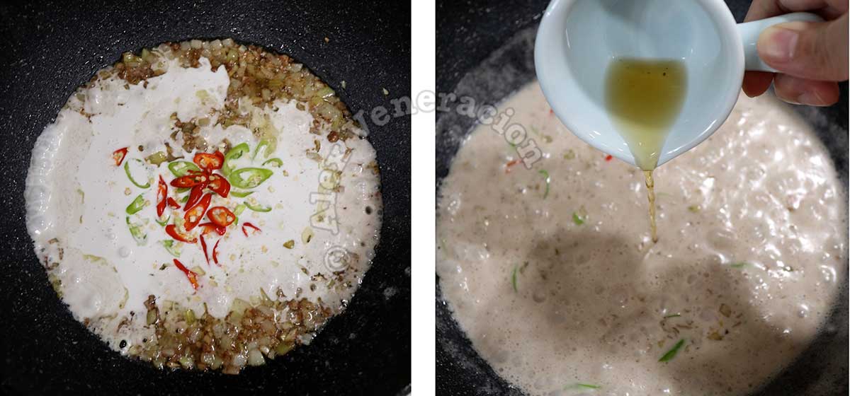 Seasoning coconut cream sauce with fish sauce