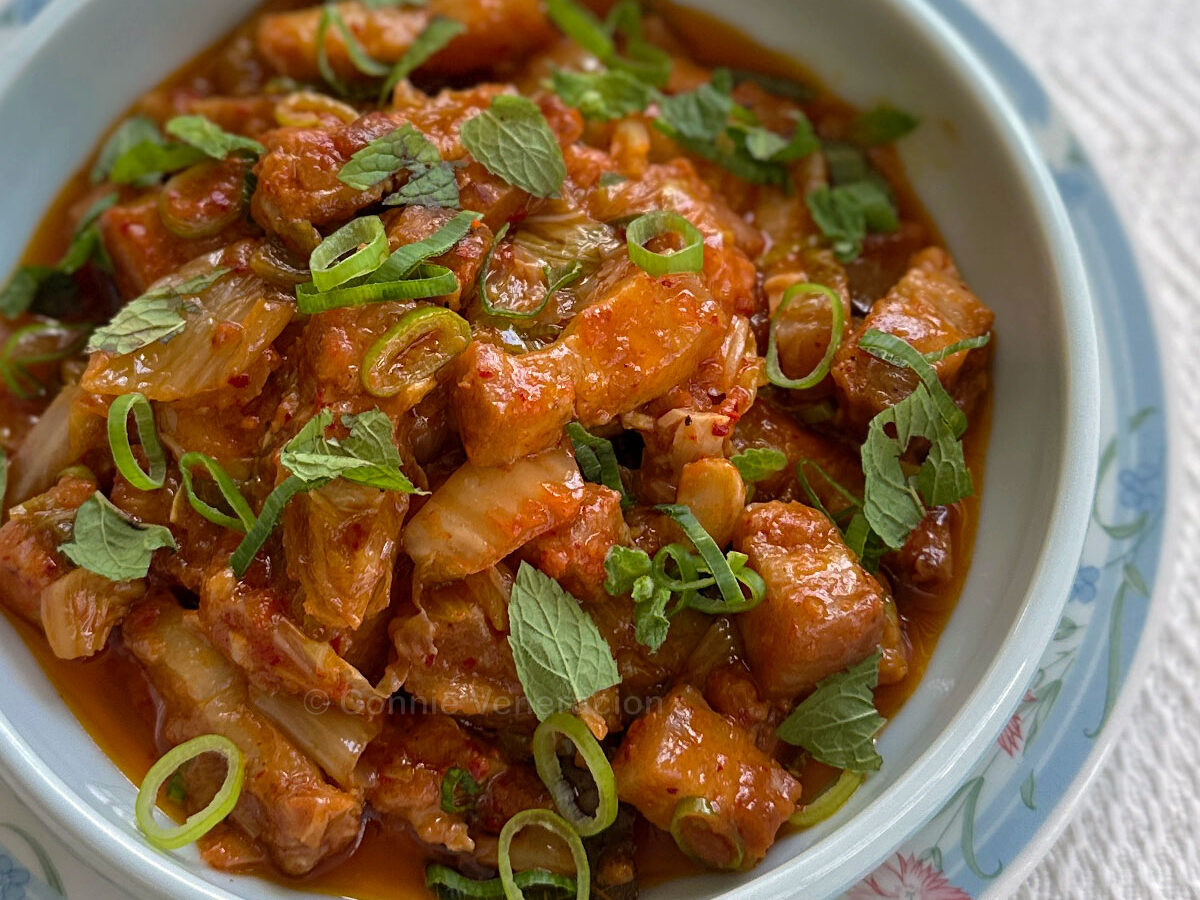 Pork adobo with kimchi and coconut cream