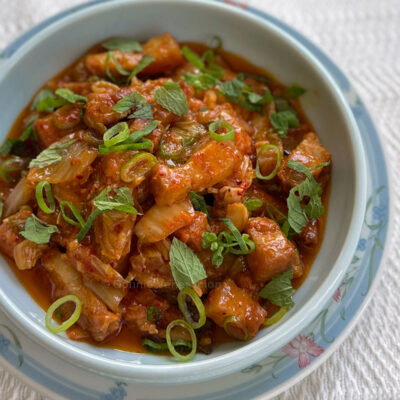 Pork adobo with kimchi and coconut cream