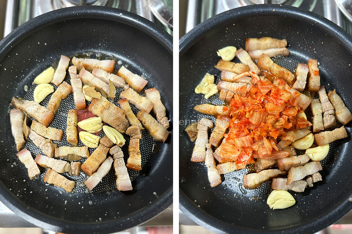 Browned pork, garlic, bay leaves and kimchi in pan