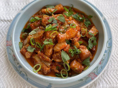 Pork adobo with kimchi and coconut cream