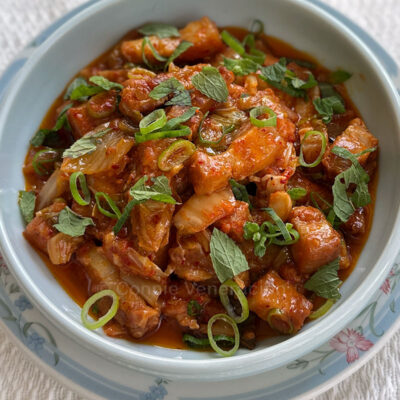 Pork adobo with kimchi and coconut cream