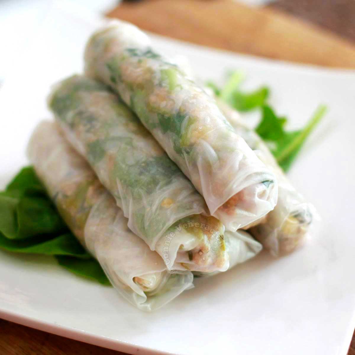 Pork, spinach and pineapple rice paper spring rolls