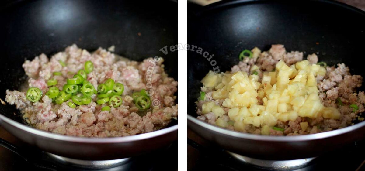 Stir frying ground pork with chilies and pineapple