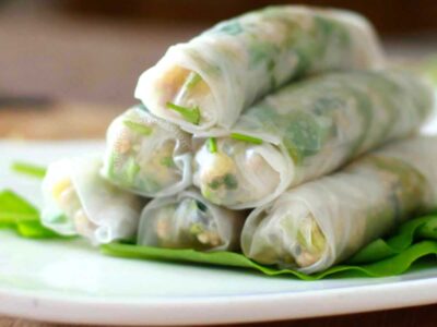 Pork, spinach and pineapple rice paper spring rolls