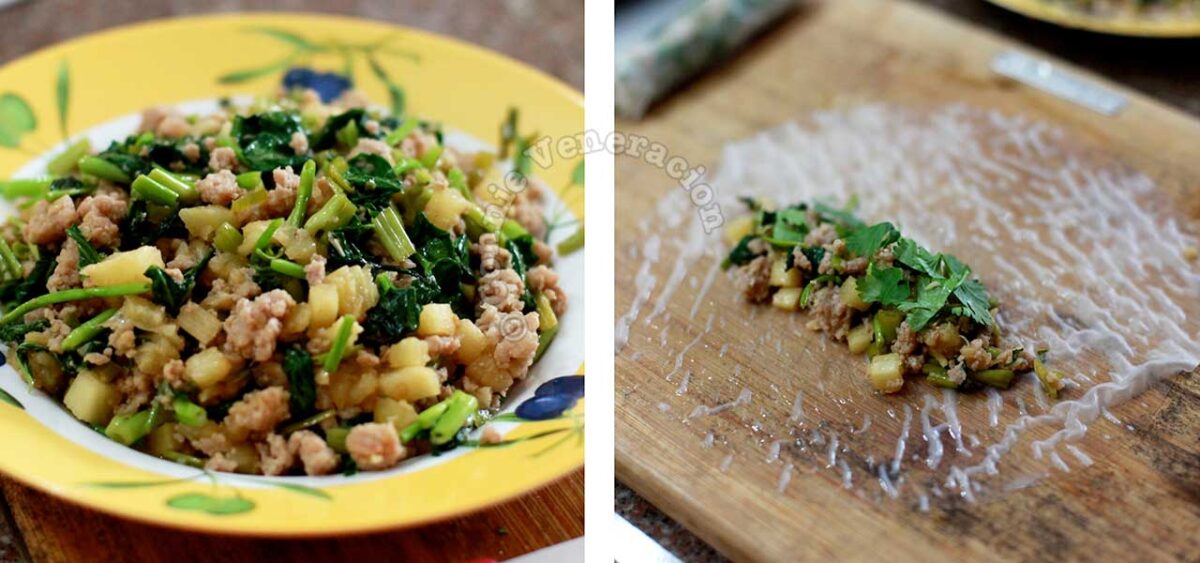 Wrapping stir fried pork, spinach and pineapple with rice paper