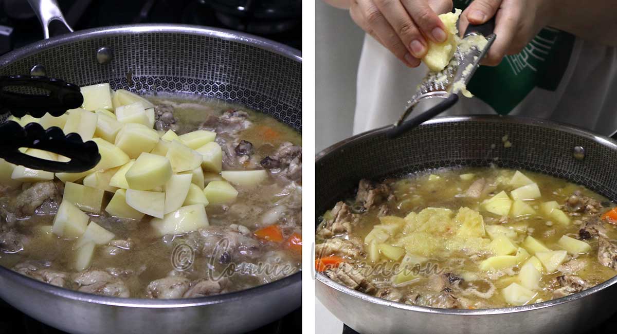 Adding potato cubes and grating an apple into wok with chicken and carrots